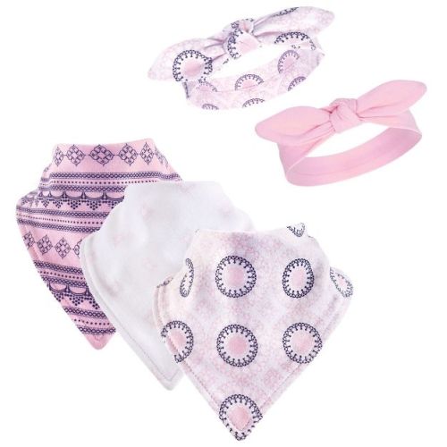 Yoga Sprout Baby Girl Cotton Bandana Bibs and Headbands 5pk, Ornamental, One Size
