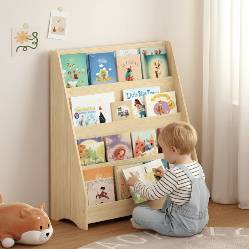 4-Tier Book Display Bookshelf, Open Front Book Storage Organizer for Bedroom Playroom Nursery Classroom, Natural
