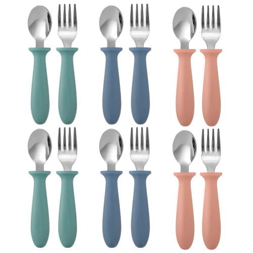 12 Pieces Toddler Utensils, Kids Silverware Set with Plastic Handle Stainless Steel Children Forks and Spoons, Dishwasher Safe