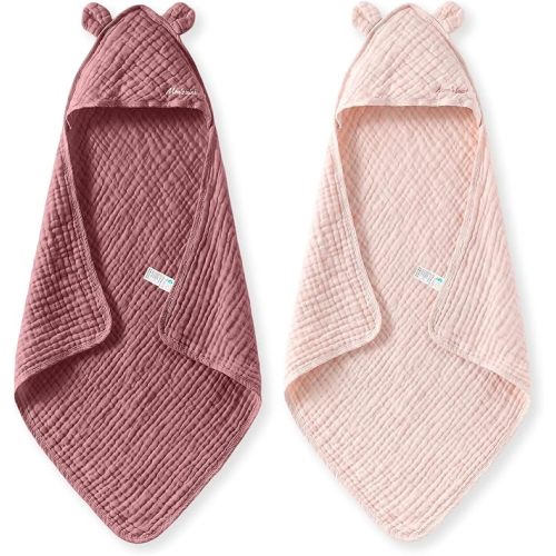 Momcozy 6-Layer Muslin Cotton Baby Towels with Hood, 32x32 Inch, Pink