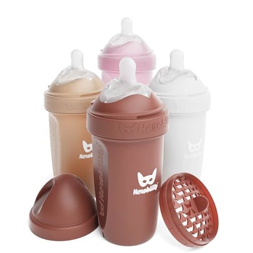 Herobility Double Anti-Colic Baby Bottles – 8.5 fl oz/240ml – 4-Pack – Multicolor – Sand, Woodchuck, Pink, White