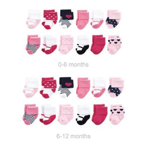 Luvable Friends Infant Girl Grow with Me Cotton Terry Socks, Navy Mary Janes, 0-6 and 6-12 Months