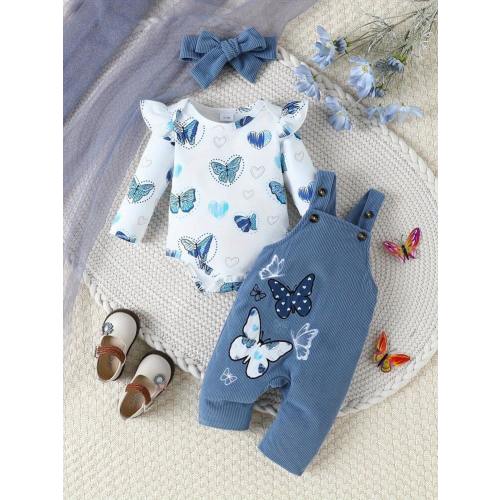 Directional Development Of 3 Pieces Set Of Long Sleeve Butterfly Heart Print Flying Sleeve Ha, Pit Strip Butterfly Embroidery Adjustable Slim Bib Pants, Blue Bandana | SHEIN USA
