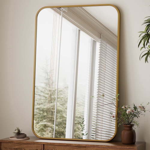 BEAUTYPEAK, Wall Mirror, 24"x36", Gold Rounded Corners