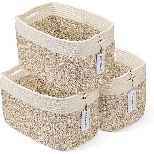 Cotton Rope storage Basket Bins Woven Basket for Organizing Shelves Rectangle Decorative Baskets For storage Clothes Toys Books Towels Square Wicker Nursery basket organizer 3 pack white and brown