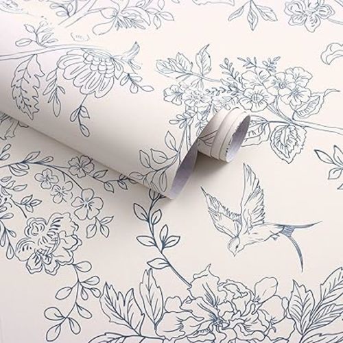 Cream White and Blue Floral Wallpaper Peel and Stick Wallpaper 17.7"x393.7" Vintage Floral Peel and Stick Wall Paper Removable Boho Self Adhesive Contact Paper for Bedroom Bathroom Vinyl