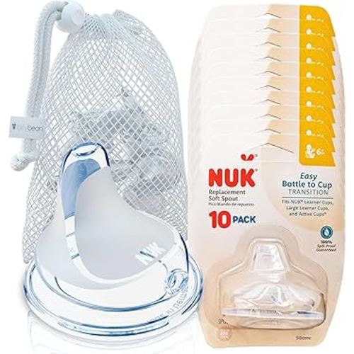 BityBean - NUK Nipple Replacement Spouts, Clear Silicone, Pack of 10 with Dishwasher Safe Mesh Bag - Fits NUK Bottle (10)