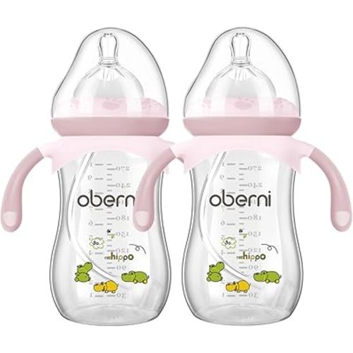 Oberni Baby Bottles, Weighted Straw Toddler Milk Bottles with Non-Slip Handle, Size + Variable Fast Flow, 12+ Months, BPA-Free, Pink/2Pack/9oz