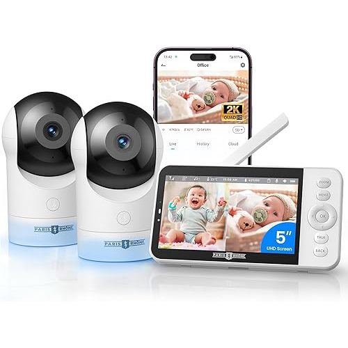 PARIS RHÔNE 2K Split-Screen Baby Monitor, 5” Smart Video Baby Monitor with 2 Cameras, Dual WiFi Cameras with App Control, Night Vision, Motion & Cry Alerts, Auto Tracking, RGB Night Light, Lullabies