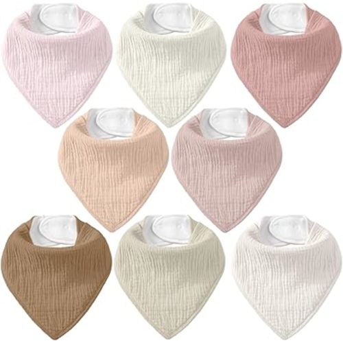 Muslin Baby Bibs 8 Pack, Baby Bandana Drool Bib for Drooling and Teething, Cotton Soft Absorbent for Girls Boys (Pink)