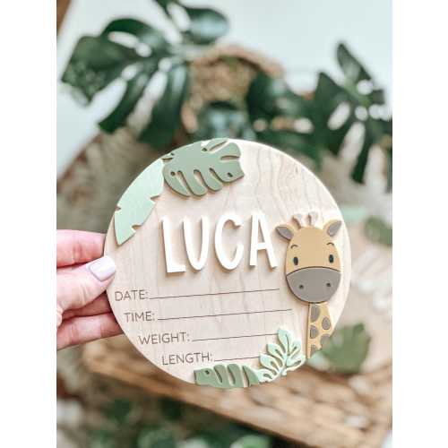 Baby Birth Stats Board, Jungle Baby Name Announcement, Birth Announcement, Baby Name Sign, Baby Prop, Safari, Monstera, Personalized