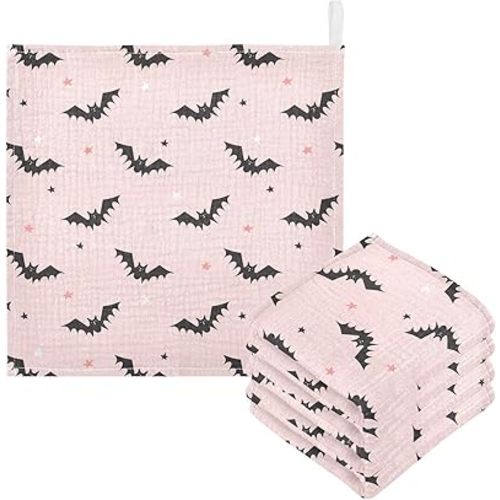 Newborn Face Towel Halloween Bats Soft Cotton Baby Washcloths 11.8 x 11.8 Inch Infants Girls Boys Muslin Burp Cloths 5 Pack
