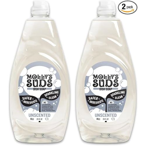 Molly's Suds Liquid Dish Soap | Clean, Simple Ingredients | Extra Scrubbing Power | Unscented, 24 oz - 2 Pack