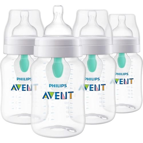Philips Avent Anti-Colic Baby Bottle with AirFree Vent, Medium Flow 2 Nipple, 1m+, 9oz, 4 Pack, Clear, SCY703/04