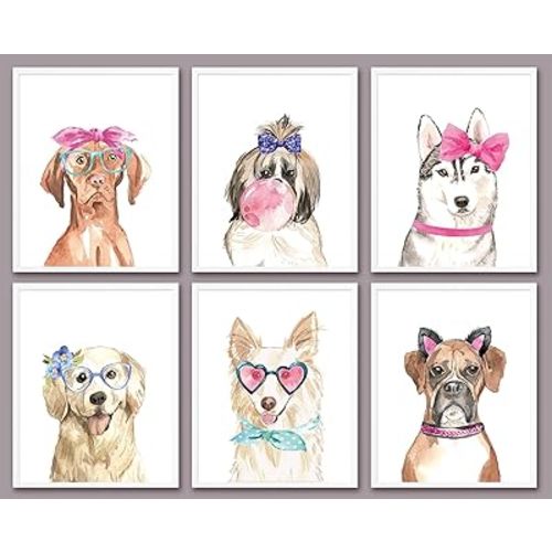 6 PCS Cute Dogs Wall Art Watercolor Girls Room Decor Wall Decor Funny Dog Lover Gifts Unframed Dog Mom Puppy Girly Dog Themed Posters Prints Paintings Artwork for Women Home Bedroom Playroom 8x10 In