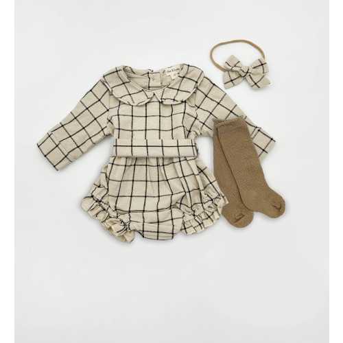 Baby Girl Cotton Flannel Plaid Romper with Bow |matching socks option | Cream Plaid