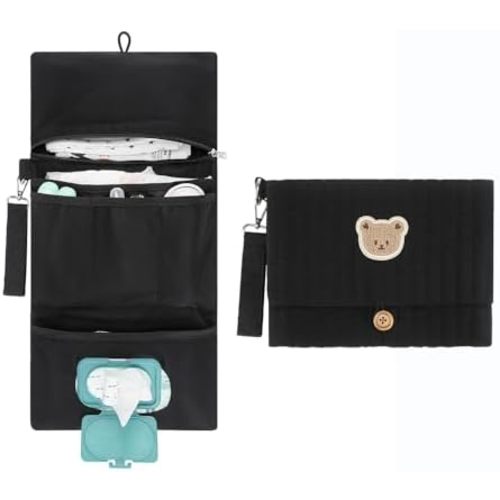 Baby Diaper Bag Organizer Pouches - Waterproof Pod Foldable Diaper Organizer Set, Cute Bear Bag Gift for Baby Shower (Black)