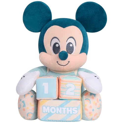 Disney Baby My First Year Mickey Mouse and Milestone Blocks, 11-inch Plush Toy, 4-pieces, Kids Toys for Ages 0+ by Just Play