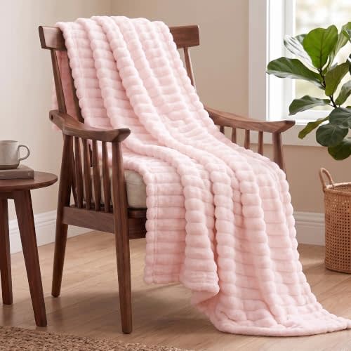 Utopia Bedding Pink Striped Fleece Blanket Throw Size – Fluffy, Warm & Lightweight Ribbed Throw for Bed, Sofa & Chair - Soft Cozy Blanket for Home Décor & Gifting (50x60 Inches)