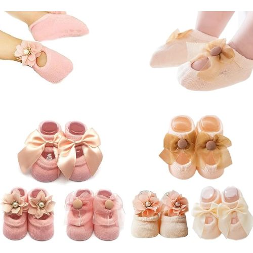 Sywwlov 6Pairs Non-skid Baby Girls Lace Ankle Socks Newborn Toddler Cotton Flower Bowknot Walker Socks 0-24M
