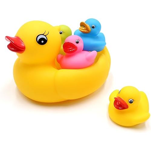 Floating Rubber Duckies Bath Play 5 Pieces Set - Includes 1 Jumbo Mama Ducky and 4 Baby Ducks - Fun Water Tub Playing Kits(4 Colors)