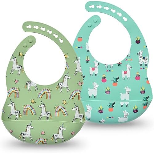 Silicone Baby Bibs 2 Sets, Adjustable Waterproof Baby Bibs(Green+Cyan)
