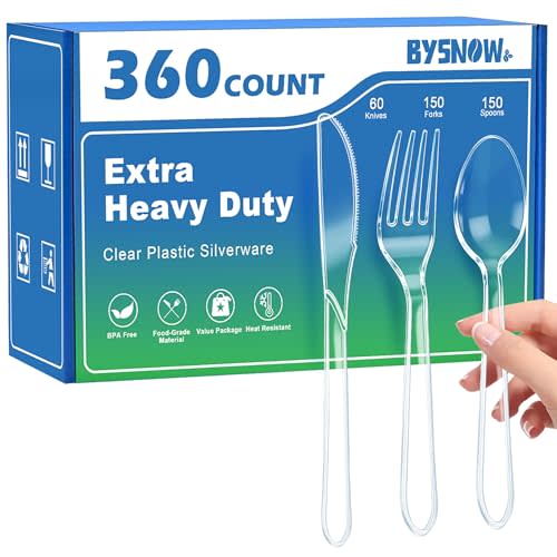 BYSNOW 360 Count Extra Heavy Duty Plastic Silverware Disposable Cutlery Set | BPA-Free, Heat Resistant, Disposable Clear Utensils Set, Plastic Cutlery Set Bulk for Parties, Events and Everyday Use