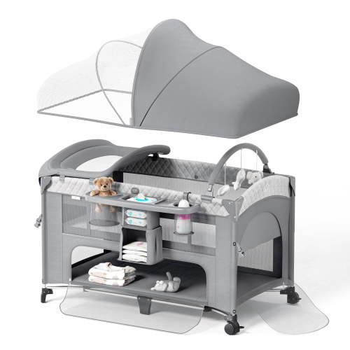 Babyomi 4 in 1 Baby Bassinet with Diaper Changer Height Adjustable Pack and Play Gray