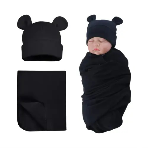 Cotton Black Newborn Baby Swaddle Hat Set Preemie Hats Receiving Blankets For Baby Boys Girls 0 6 Months