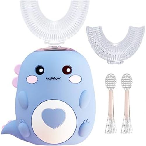 Kids U Shaped Electric Toothbrush with 4 Brush Heads, 360° Sonic Automatic Toothbrush with 3 Cleaning Modes, IPX7 Waterproof Cartoon Dinosaur Design (Ages 2-12)