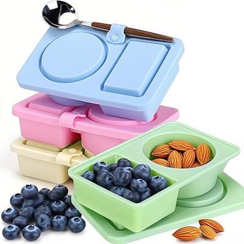 4-Pack Silicone Snack Containers with Lids, Reusable Double Compartment Condiment Containers, Leak-Proof Food Storage Snackle Box for Sauce, Dip, Travel, Office, and Picnic