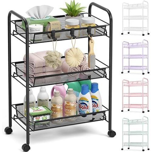 TOOLF 3 Tier Rolling Cart, Metal Utility Storage Cart with Wheels, Black
