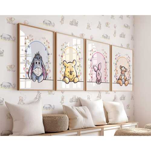 Set of 4 Winnie the Pooh Nursery Wall Art Prints with Flowers - Piglet - Tigger - Eeyore