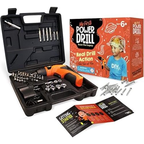 My First Power Drill Set - Real Cordless Drill for Boys and Girls - Lightweight, LED Light, Child Size Kit, Carrying Case, Includes Bits, Charger, 5 Year Warranty