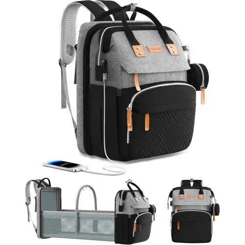 Diaper Bag Backpack with Changing Station, Multifunctional Diaper Bag, Extra Large Capacity, Baby Bag, GreyBlack