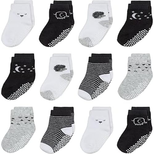 Organic Cotton Baby Socks 6-12 Months, 12 Pairs Unisex Anti Slip - Soft & Hypoallergenic Baby Girl & Boys Socks (US, Age, 6 Months, 12 Months, Black - White - Gray 12 Pair)