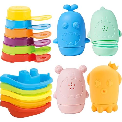 Baby Bath Toys for Toddlers, 15 PCS Mold Free Bathtub Water Play Toys with Rainbow Color Floating Boats Spoons and Silicone Sensory Bath Toys, Water Table & Pool Toys for Babies and Toddlers