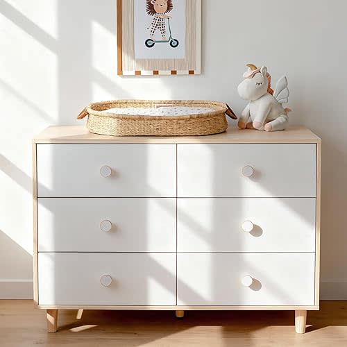White Dresser for Bedroom, 6 Drawer Dressers with Solid Wood Legs, Baby Dresser for Kids, Storage for Clothes and Baby Essentials