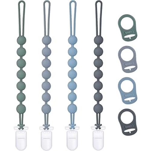 4-Pack Silicone Pacifier Clip with Adapter Ring Fits Maam-Style Dummy, Soft Flexible Binky Holder for Button-Style Dummies, Anti-Loss Paci Clips for Baby Boys,Teething Relief & Baby Shower Essentials