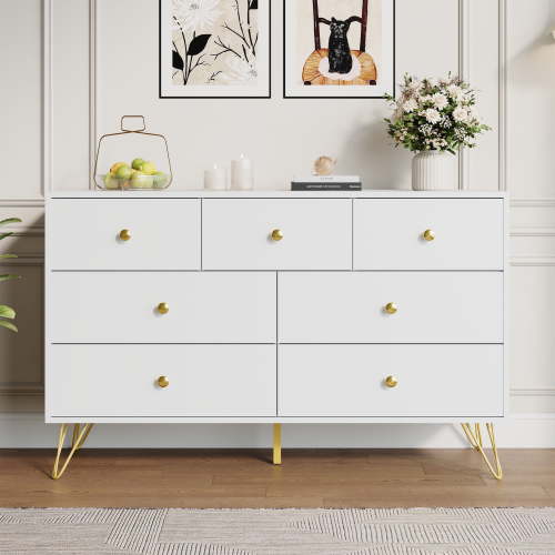 YouTrend 7 Drawer White Dresser,Adult Chest of Drawers with Golden Handles & Legs for Bedroom,Living Room,Hallway