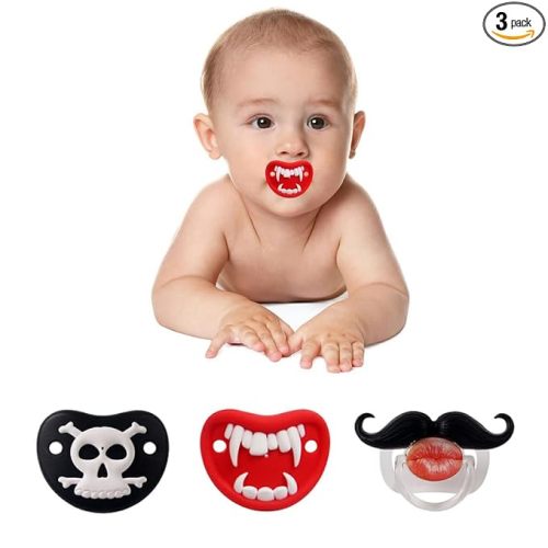 ROBBEAR Funny Baby Pacifier, Cute Mustache Binkies, Vampire Binky Skulls Halloween Pacifiers for Babies 0-36 Months, Silicone Nipple, BPA-Free, Gift for Infants Newborn