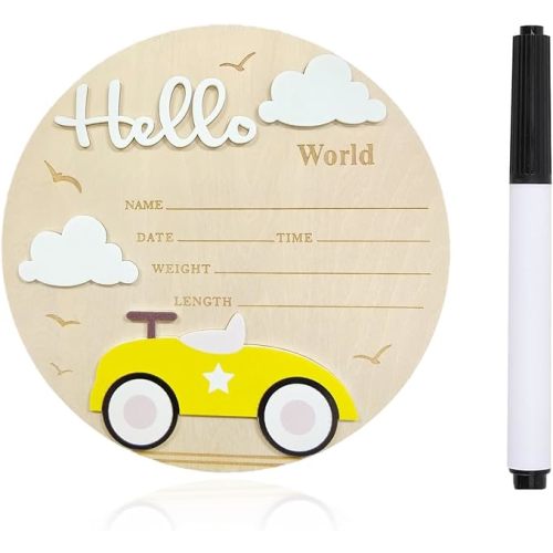 Baby Announcement Sign, 5.9 Inch Wooden Hello World Newborn Sign,Welcome Baby Signs,Birth Announcement Signs,Newborn Name Personalized for Photo Prop Car Design Hospital Nursery (Blue)