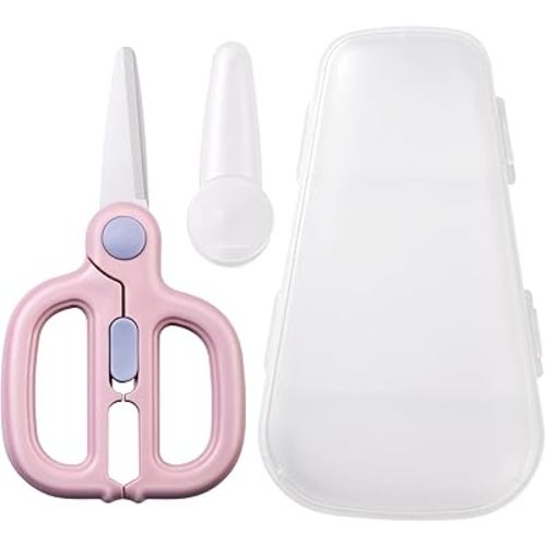 Baby Food Scissors with Travel Case, Ceramic Food Scissors Kids, Toddler Scissors with Safety Lock, Ideal for Pizza, Meats, Noodles, Vegetables, and Fruits (A)