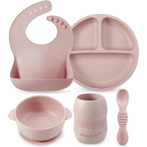 PandaEar Silicone Feeding Set | LED Weaning Supplies | Infant Toddler Eating Set | Bib + Plate and Bowl With Suction + Cup + Spoon First Stage