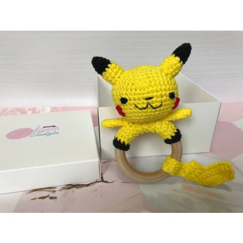 Crochet Pokemon Pikachu Baby Rattle Inspired Pokeball Amigurumi doll Stuffed Personal gift pokemon teether unique Amigurumi Baby Shower Gift