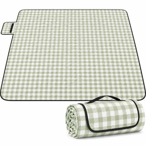 Extra Large Waterproof Picnic Blanket - 80''x80'' Foldable Beach Mat for Outdoor Activities - Gingham Design (Green White)