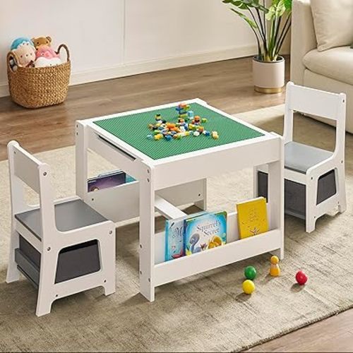 Kids Table and Chair Set, 4 in 1 Wooden Activity Table with Bookshelves and Storage Drawer, 2 in 1 Detachable Tabletop Construction Play Table Set for Toddlers Drawing, Reading