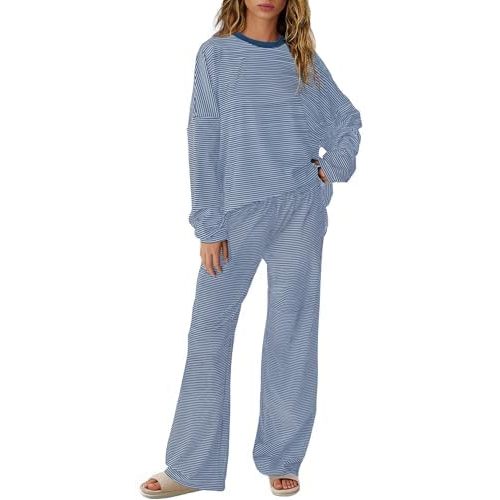 SENSERISE Womens Striped Lounge Set 2 Piece Outfits Fall Matching Pajama Sets Long Sleeve Striped Shirt Wide Leg Pants