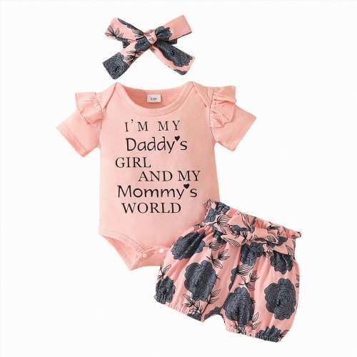 Leey-World Baby Girl Summer Clothes Letter Print Newborn Going Home Outfit Ruffle Ribbed Romper Tops Floral Shorts Set + Headband(Light Pink,0-3 Months)