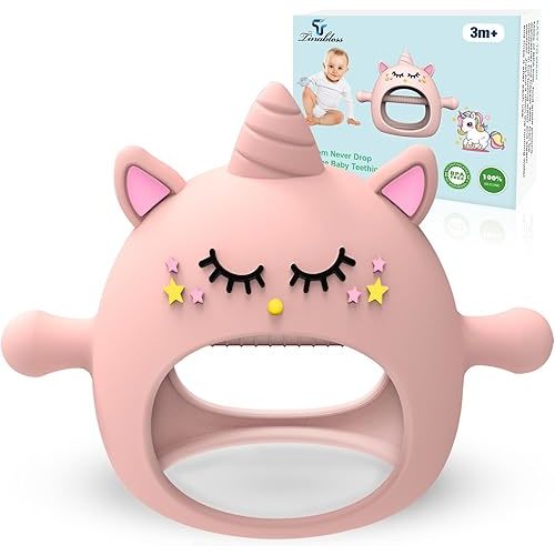Teething Toys for Babies 6-12 Months, Tinabless Unicorn Never Drop Silicone Teether Designed for Babies 0-6 Months, Car Seat Toy for New Born, Natural Organic Baby Teether for Boys&Girls, Pink